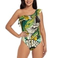 thumbnail image 1 of Zufioo Bass Fish and Water Print One-shoulder Ruffled One-piece Swimsuit, High Elastic Integrated Removable Chest Pad Swimsuit Suitable for Beach, Pool and Vacation-Medium, 1 of 6