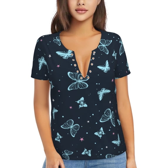 Zufioo Beautiful Butterflies for Women's Deep V-neck Short-sleeved T-shirt, Top with Short Sleeves - with Stainless Steel Buckle, Moisture Wicking, Ideal Home Wear-Small