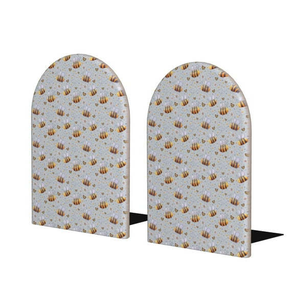 Zufioo Bee Print Wooden Bookends, Metal Bookshelf Non-slip Bookends, Home Furnishings Suitable for Bookcases Offices