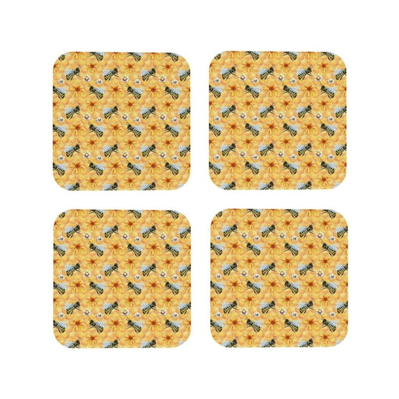 Zufioo Bee Wasp Print Leather Coaster Set, Decorative PVC Coasters 4-pack - Scald and Stain-resistant, Suitable for Home, Cafes, Restaurants-Square
