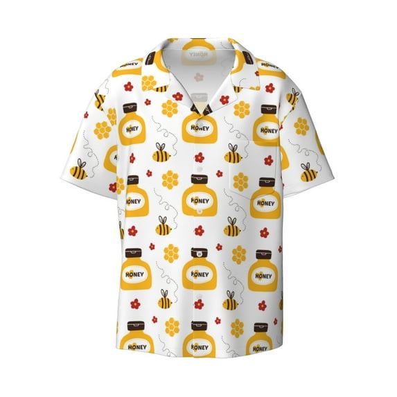 Zufioo Bees and Flowers Print Mens Button Down Short Sleeve Shirt,Classic Plaid Shirt,Mens Accessories Fashion Shirt-X-Large