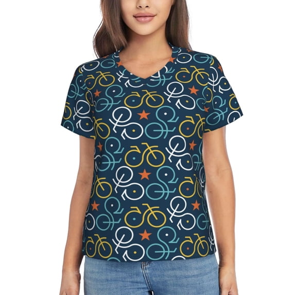 Zufioo Bicycle Colorful Print Women's Classic V-neck T-shirt, V-neck Short-sleeved Tops Home Wear, Suitable for Daily Life, Work, Outdoors-XX-Large