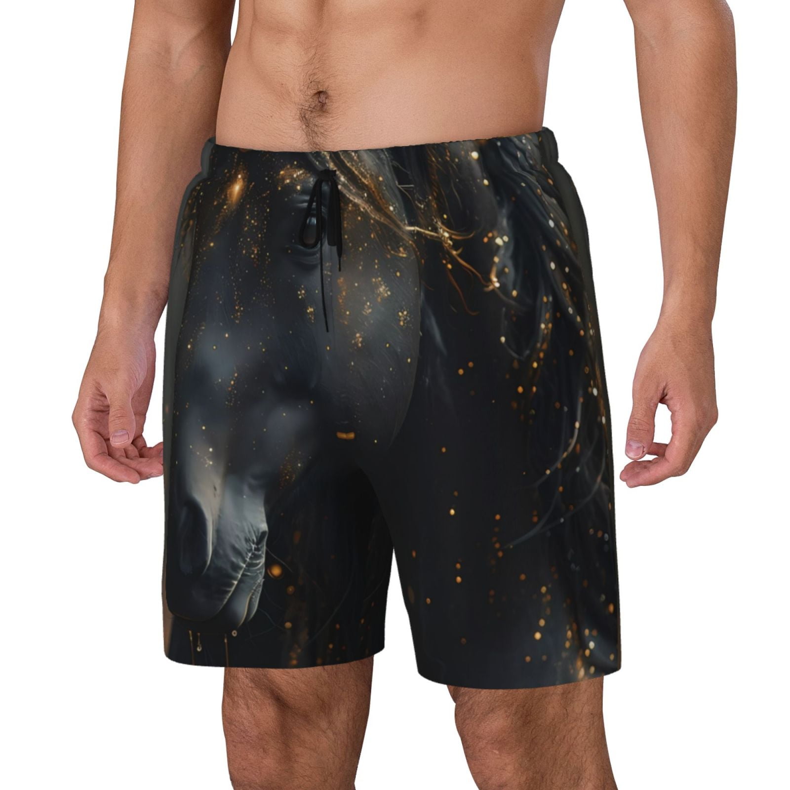 Zufioo Black And Gold White Horse Mens Swimsuit Trunks with Compression