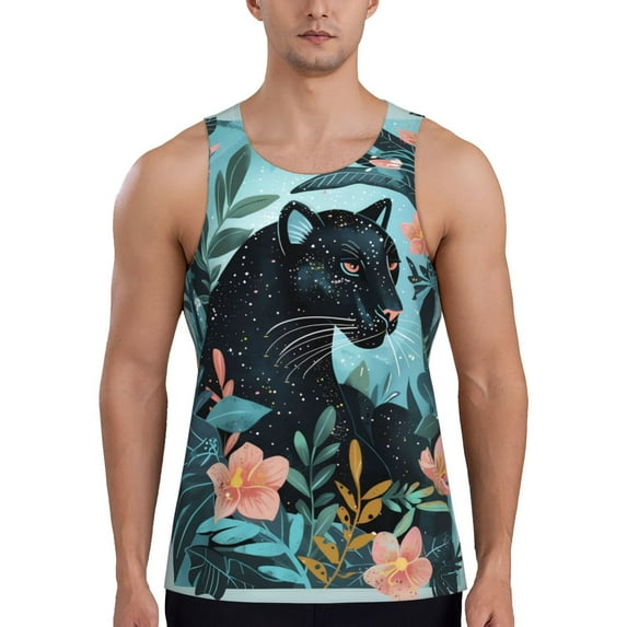 Zufioo Black Panther Floral Illustration Print Men's Vest, Sleeveless Quick-drying Muscle T-shirt, Suitable for Sports Fitness, Home Leisure Wear-3X-Large