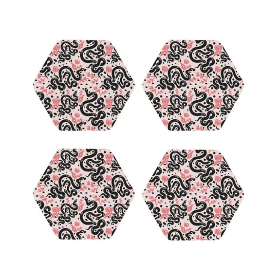 Zufioo Black Snake Print Leather Coaster Set, Decorative PVC Coasters 4-pack - Scald and Stain-resistant, Suitable for Home, Cafes, Restaurants-Hexagon