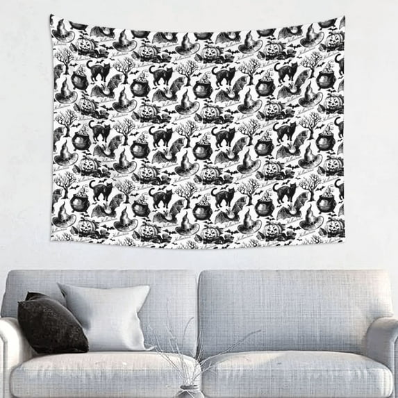 Zufioo Black White Halloween Print Wall Decoration Tapestry 29x37in, Indoor Outdoor Dormitory Background Decoration Wall Hanging Home Furnishings