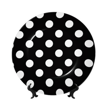 Zufioo Black and White Polka Dot Print Bone China Decorative Plate, Ceramic Dinner Plate with Stand Ceramic Decoration Homewares-6in