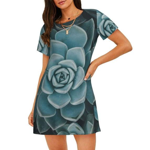 Zufioo Blue Color Cactus Print Women's Nightgown, Round Neck Short-sleeved Pajamas, Home Wear Suitable for Home and Outing
