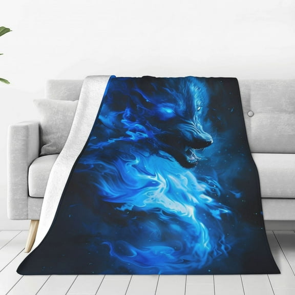 Zufioo Blue Fire Cool Wolf Fleece Blanket Queen Size,Plush Bed Blanket,Ultra Soft Throw Blanket,Plush Fuzzy Cozy Blanket Perfect for Bed,Couch-40"x30"