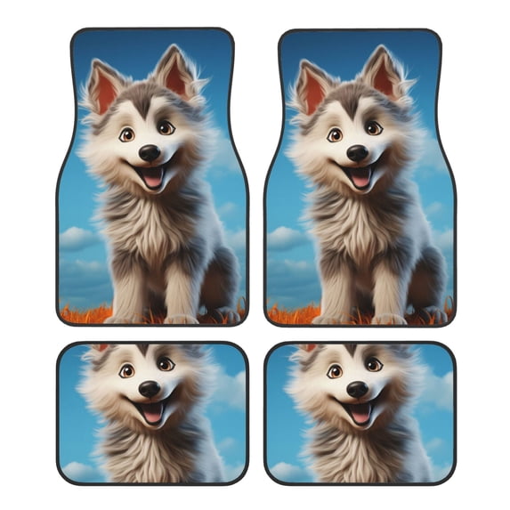 Zufioo Blue Sky Cute Wolf Print Car Floor Mats Four-piece Set, Car Interior Accessories - Corrosion-resistant, Non-Slip, Suitable for Cars, Trucks, Vans