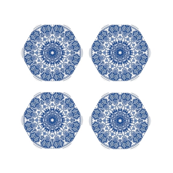 Zufioo Blue Watercolor Print Leather Coaster Set, Decorative PVC Coasters 4-pack - Scald and Stain-resistant, Suitable for Home, Cafes, Restaurants-Hexagon