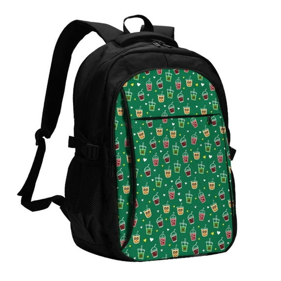 Zufioo Boba Milk Tea Print USB Backpack, Multi-Pocket Design Ergonomic Construction Travel Bag Work Bag, Unisex