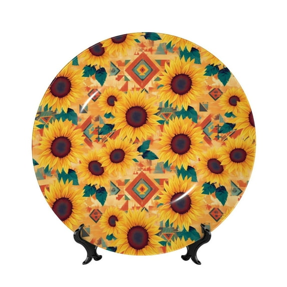 Zufioo Bohemian Sunflower Print Bone China Decorative Plate, Ceramic Dinner Plate with Stand Ceramic Decoration Homewares-8in