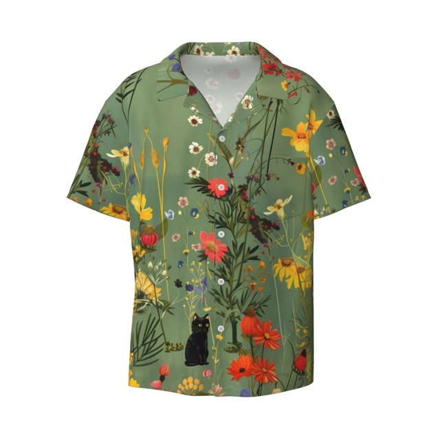 Zufioo Botanical Garden With Cats Print Mens Button Down Short Sleeve