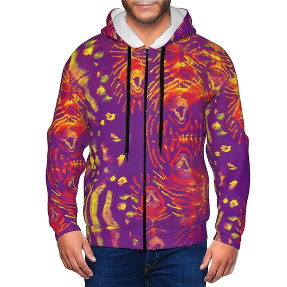 Zufioo Bright Textured Animal Print Men's Hooded Cardigan, Zip-up Long-Sleeved Sweatshirt Jacket Sportswear-3X-Large