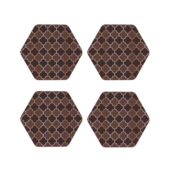 Zufioo Brown Gold Grid Print Leather Coaster Set, Decorative PVC Coasters 4-pack - Scald and Stain-resistant, Suitable for Home, Cafes, Restaurants-Hexagon