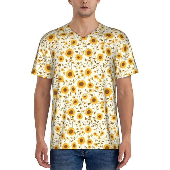 Zufioo Brown Leaf Sunflower Print Men's Baseball Short Sleeve, Moisture Wicking Button-Down Hip Hop Tee-Small