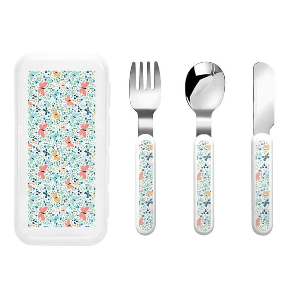 Zufioo Butterflies Print Children's Knife, Fork and Spoon Three-Piece Set, Toddler Safety Cutlery with Outer Box Suitable for Home and Kindergarten Use