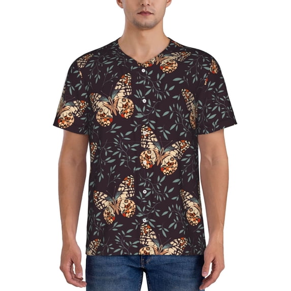 Zufioo Butterfly1 Print Men's Baseball Short Sleeve, Moisture Wicking Button-Down Hip Hop Tee-Large