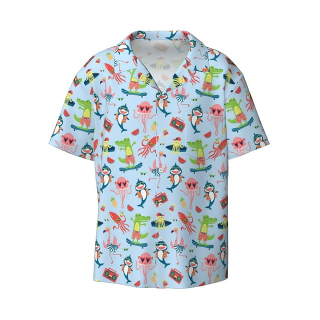 Zufioo Cartoon Animals Print Mens Button Down Short Sleeve Shirt