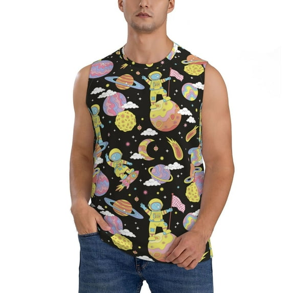 Zufioo Cartoon Astronaut In Spacesuit Men's Tank Top,Men's Sleeveless Muscle Shirts,Basic Sleeveless T Shirts Casual Active Hipster Tank Top,Moisture Wicking Odor Protection-Medium