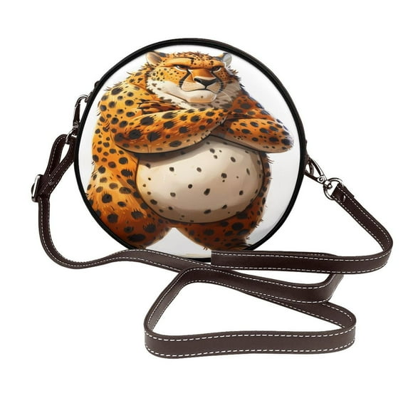 Zufioo Cartoon Cheetah With Attitude Print Leather Shoulder Round Bag, Waterproof Leather Crossbody Bag, Detachable Shoulder Strap and Carrying Loop, Women's Luggage Accessories-One Size
