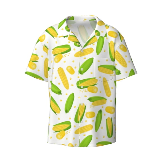 Zufioo Cartoon Corn Print Mens Button Down Short Sleeve Shirt,Classic Plaid Shirt,Mens Accessories Fashion Shirt-Large