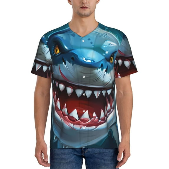 Zufioo Cartoon Cute Shark Print Men's Baseball Short Sleeve, Moisture Wicking Button-Down Hip Hop Tee-Large