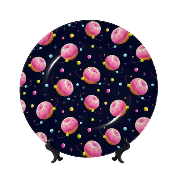 Zufioo Cartoon Donut Planets Print Bone China Decorative Plate, Ceramic Dinner Plate with Stand Ceramic Decoration Homewares-8in