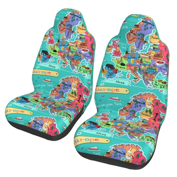 Zufioo Cartoon Map Of Europe Full Set Car Seat Covers with Soft Padding 2PCS Universal Auto Front Seats Protector Fits Cars, SUVs, Sedans, and Trucks