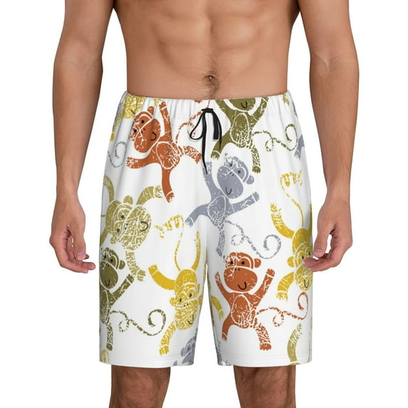 Zufioo Cartoon Monkey Print Men's Short Pajamas, Home Wear Pocket Summer Pajamas-Small