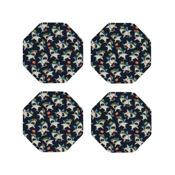 Zufioo Cartoon Sharks Print Leather Coaster Set, Decorative PVC Coasters 4-pack - Scald and Stain-resistant, Suitable for Home, Cafes, Restaurants-Octagon