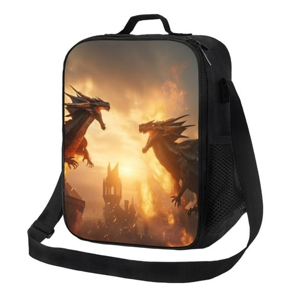 Zufioo Castle Cool Fire Dragon Insulated Lunch Bag,600D Polyester Oxford Fabric, Leakproof & Reusable Lunch Tote, Adjustable Shoulder Strap,Food Freshness Keeper with Utensils