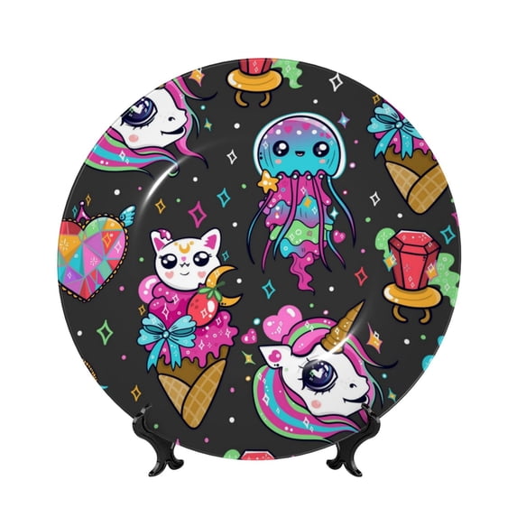 Zufioo Cat Icecream Print Bone China Decorative Plate, Ceramic Dinner Plate with Stand Ceramic Decoration Homewares-10in