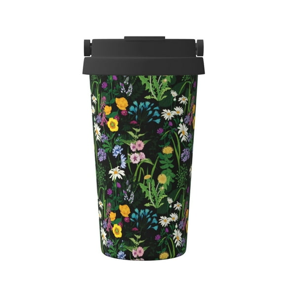Zufioo Chamomile Print Portable Insulated Coffee Cup, Stainless Steel Vacuum Cup with Lid, Leak-proof, Unisex, Suitable for Car, Cafe, Office