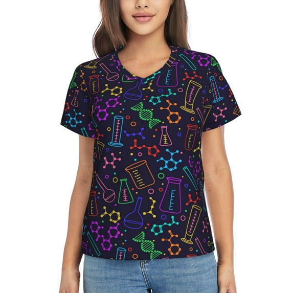 Zufioo Chemistry Science Print Women's Classic V-neck T-shirt, V-neck Short-sleeved Tops Home Wear, Suitable for Daily Life, Work, Outdoors-X-Large