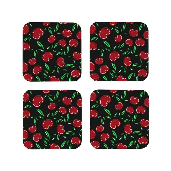 Zufioo Cherry Print Leather Coaster Set, Decorative PVC Coasters 4-pack - Scald and Stain-resistant, Suitable for Home, Cafes, Restaurants-Square