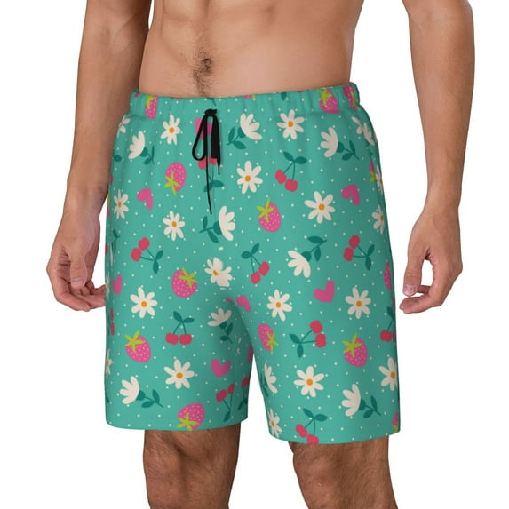 Zufioo Cherry Strawberry Floral Mens Swimsuit Trunks with Compression Liner,Quick Dry Sports suit,Beach Board Shorts with Pockets,Bathing Suits-Medium