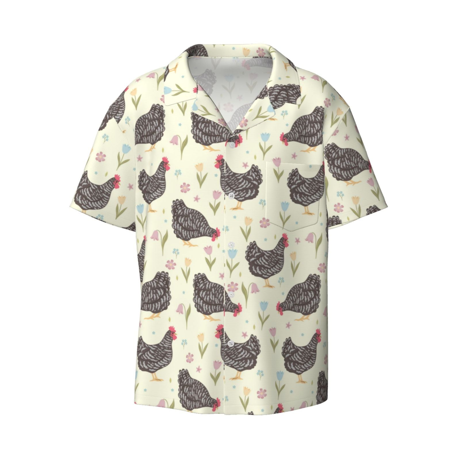 Zufioo Chickens And Flowers Print Mens Button Down Short Sleeve Shirt
