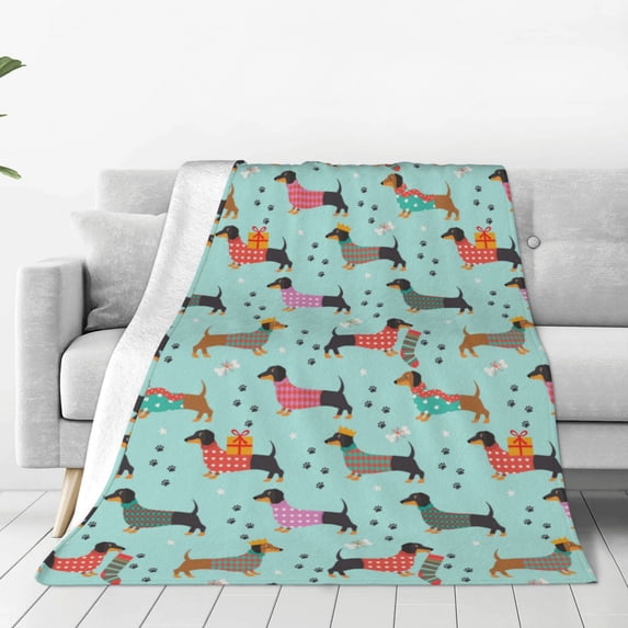Zufioo Christmas Dachshund Fleece Blanket Queen Size,Plush Bed Blanket,Ultra Soft Throw Blanket,Plush Fuzzy Cozy Blanket Perfect for Bed,Couch-60"x50"