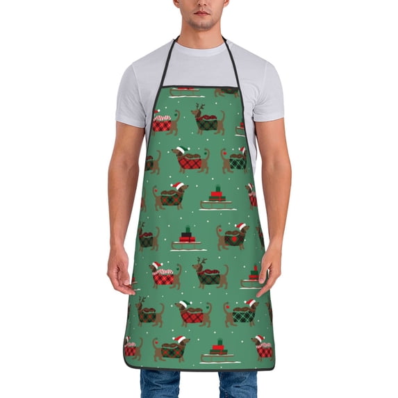 Zufioo Christmas Dachshund Print Tie-up Apron, Unisex Kitchen Apron - Oil-proof, Stain-proof and Waterproof, Suitable for Restaurants and Service Industries-One Size