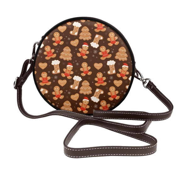 Zufioo Christmas Gingerbread Cookies Print Leather Shoulder Round Bag, Waterproof Leather Crossbody Bag, Detachable Shoulder Strap and Carrying Loop, Women's Luggage Accessories-One Size
