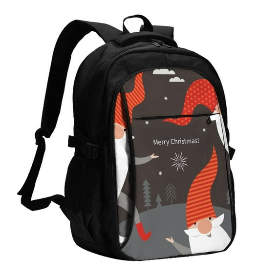 Zufioo Christmas Gnomes In Red Hats Print USB Backpack, Multi-Pocket Design Ergonomic Construction Travel Bag Work Bag, Unisex
