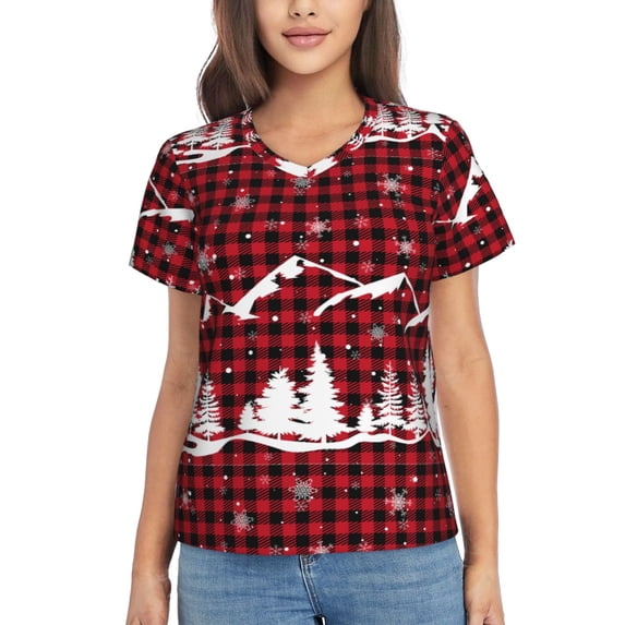 Zufioo Christmas Tree Buffalo Plaid Print Women's Classic V-neck T-shirt, V-neck Short-sleeved Tops Home Wear, Suitable for Daily Life, Work, Outdoors-Small