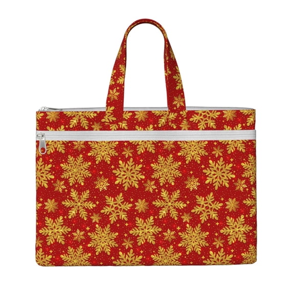 Zufioo Christmas With Gold Snowflakes Print Canvas Hand-Held Document Bag, Zippered Document Storage Bag, Suitable for Office Book Document Bag