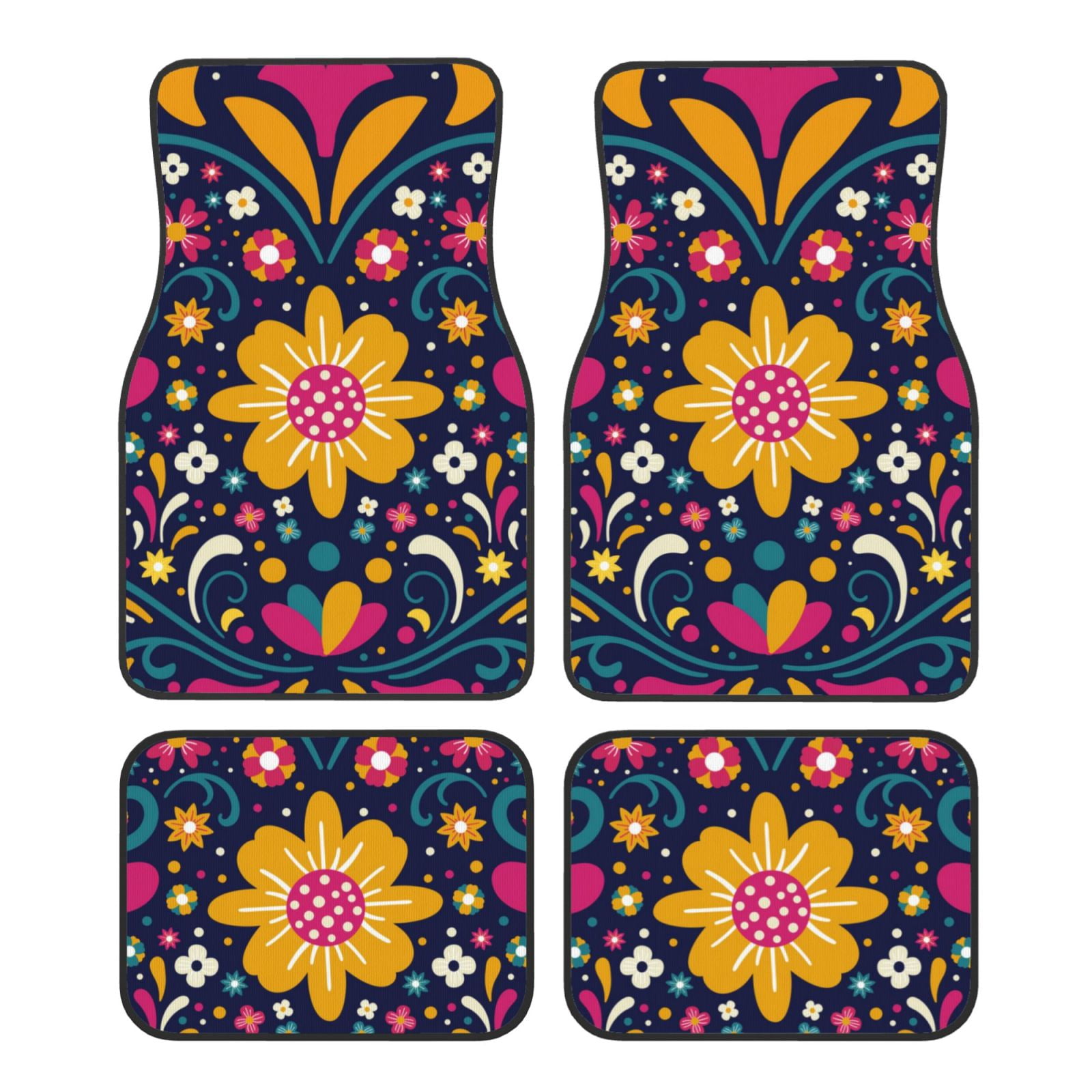 Boho Floral Print Car Floor Mats - 4-Piece Set, Universal Fit, Front & Rear, Short Plush
