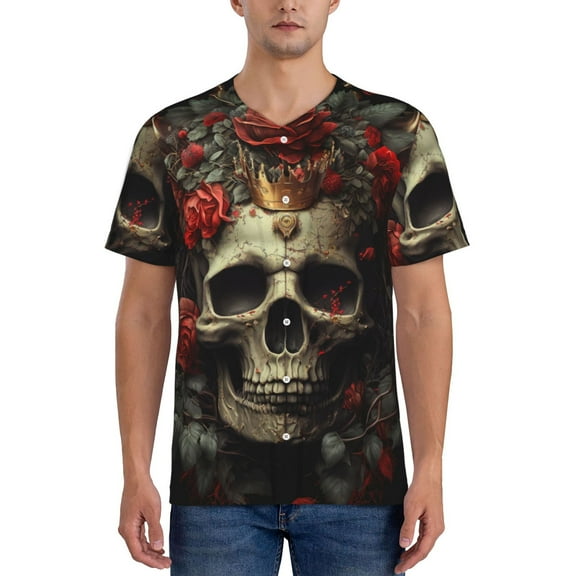 Zufioo Classical Rose Crown Skull Print Men's Baseball Short Sleeve, Moisture Wicking Button-Down Hip Hop Tee-XX-Large