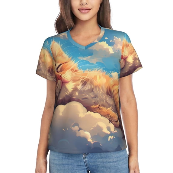 Zufioo Cloud Sleeping Cat Print Women's Classic V-neck T-shirt, V-neck Short-sleeved Tops Home Wear, Suitable for Daily Life, Work, Outdoors-Small