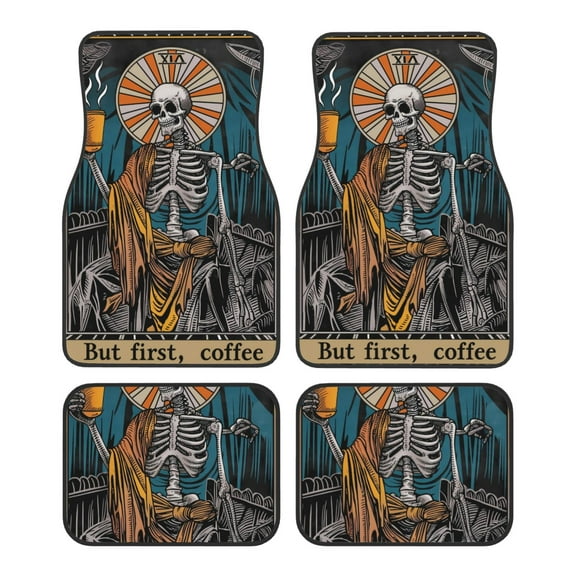 Zufioo Coffee-Drinking Skull Print Car Floor Mats Four-piece Set, Car Interior Accessories - Corrosion-resistant, Non-Slip, Suitable for Cars, Trucks, Vans