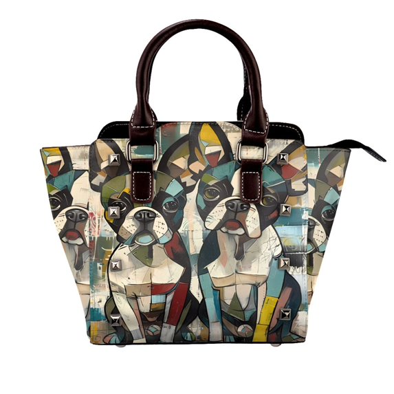 Zufioo Colorful Bulldog Duo Print Leather Rivet Shoulder Bag, Microfiber PU Leather Adjustable Shoulder Strap Handbag, Ideal Gift for Women-One Size